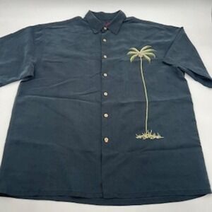 Bamboo Cay Mens XL Charcoal Gray Embroidered Palm Tree Silk Blend Hawaiian Shirt